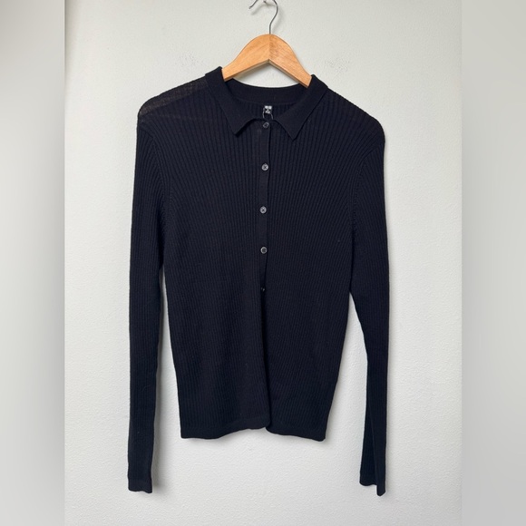 NWT 100% Extra Fine Merino Wool Ribbed Long Sleeve Polo Cardigan Black XL - Picture 5 of 15